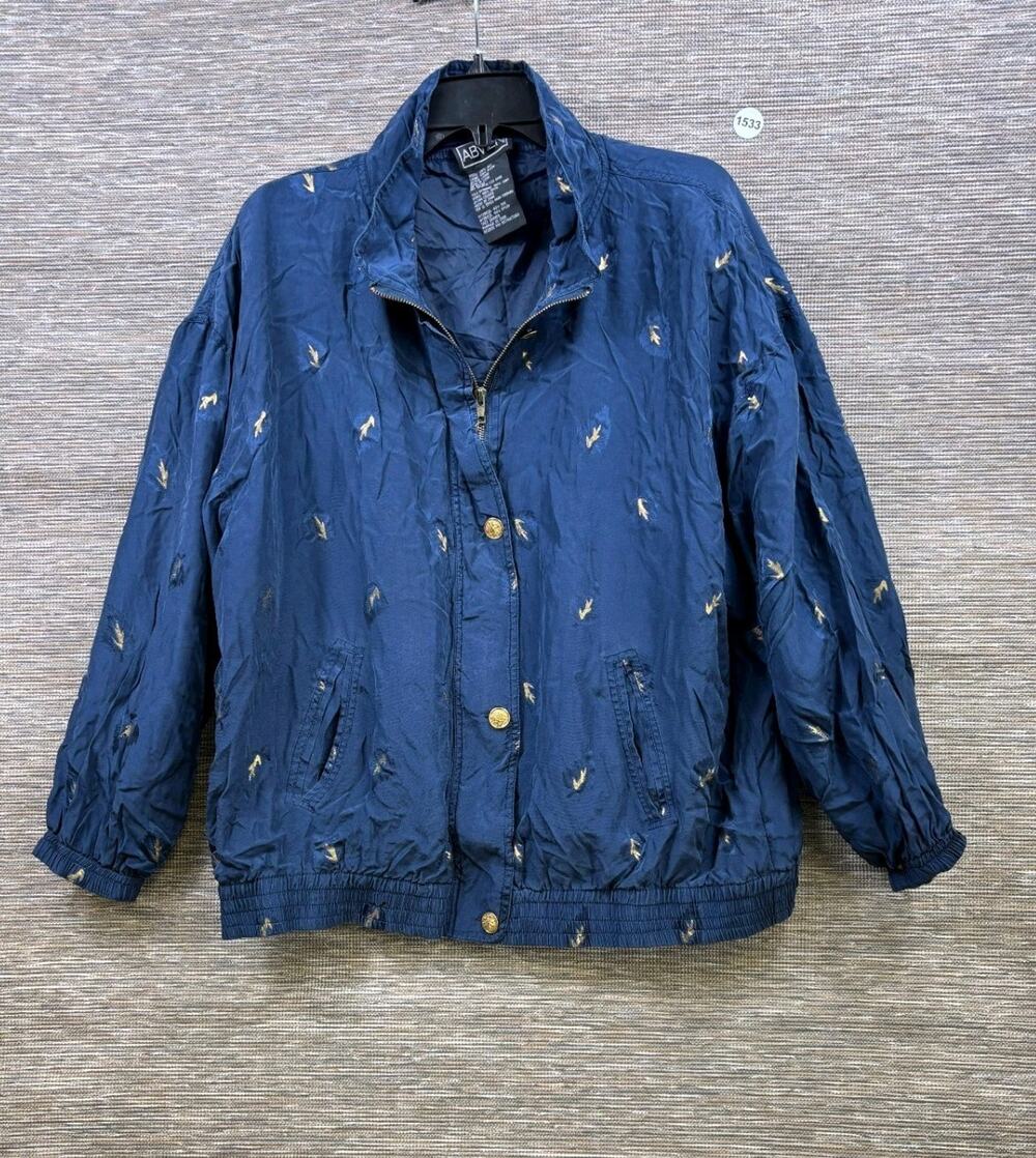 VTG Abvien 100% Silk Bomber Jacket XL Navy Blue Yellow Arrow Print Windbreaker